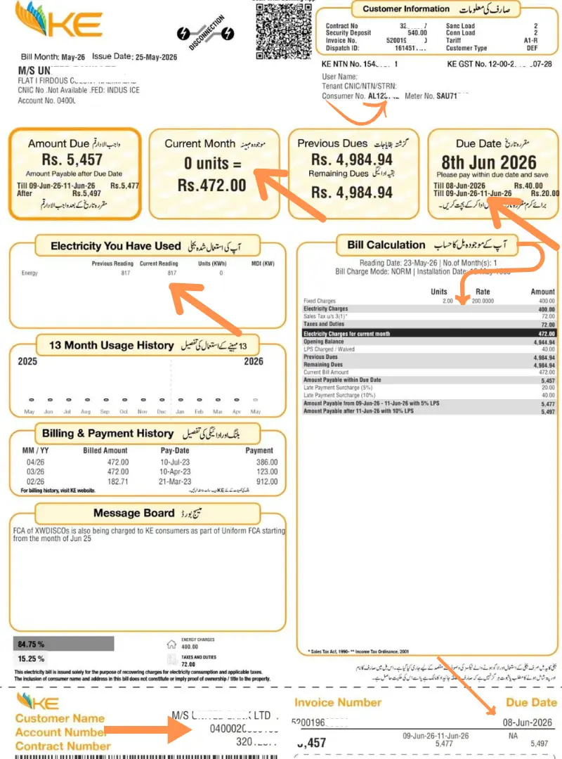 Example K-Electric duplicate bill displaying bill details
